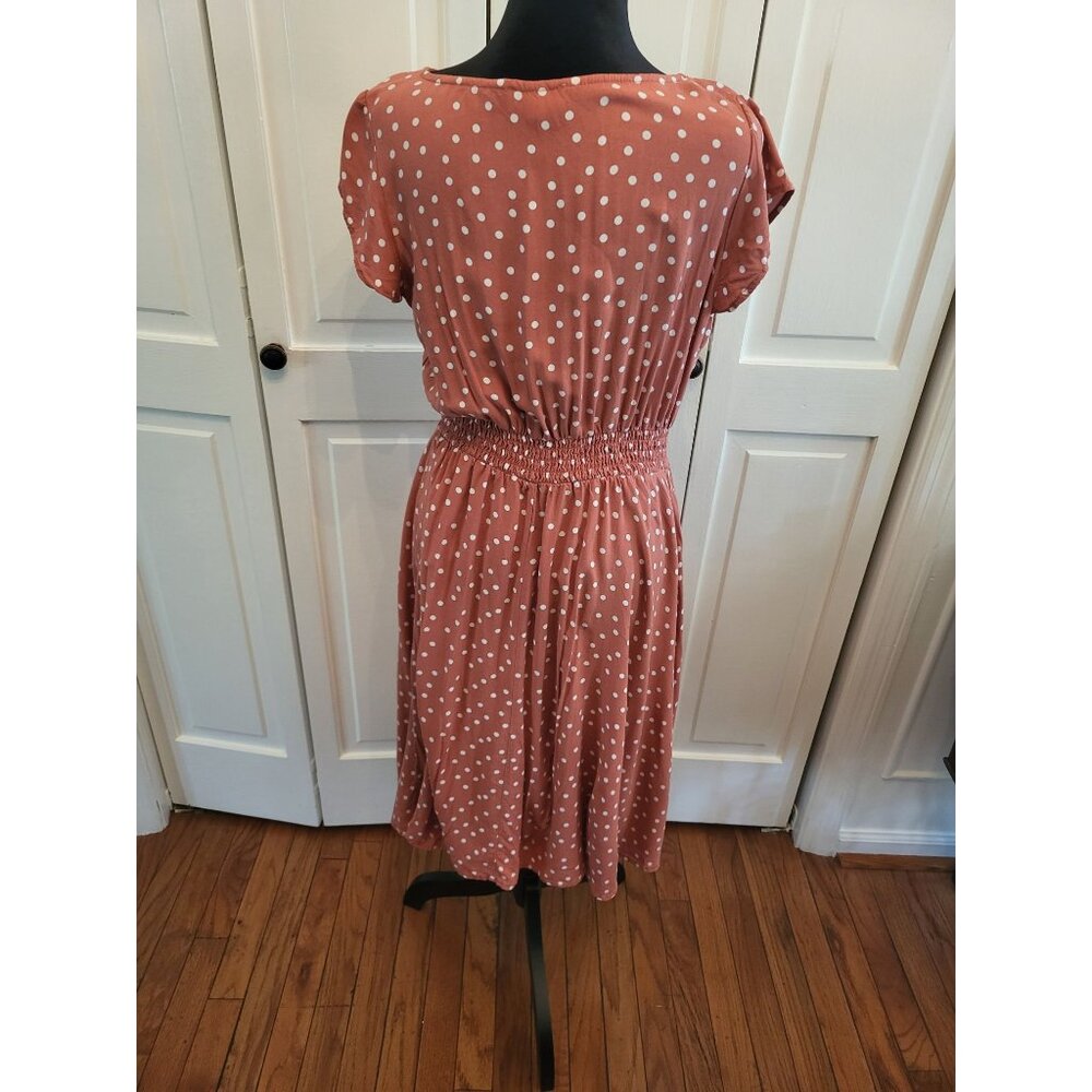 50s Inspired Terracotta Polka Dot Rayon Dress  M Smocked Waist Twee TradWife - Picture 2 of 5